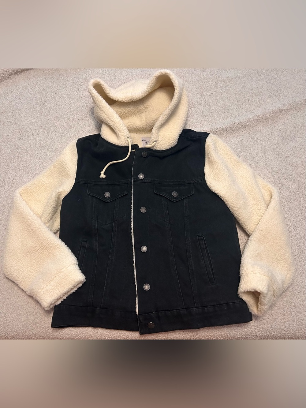 Women’s Black Denim Jacket with Cream Sherpa Hood